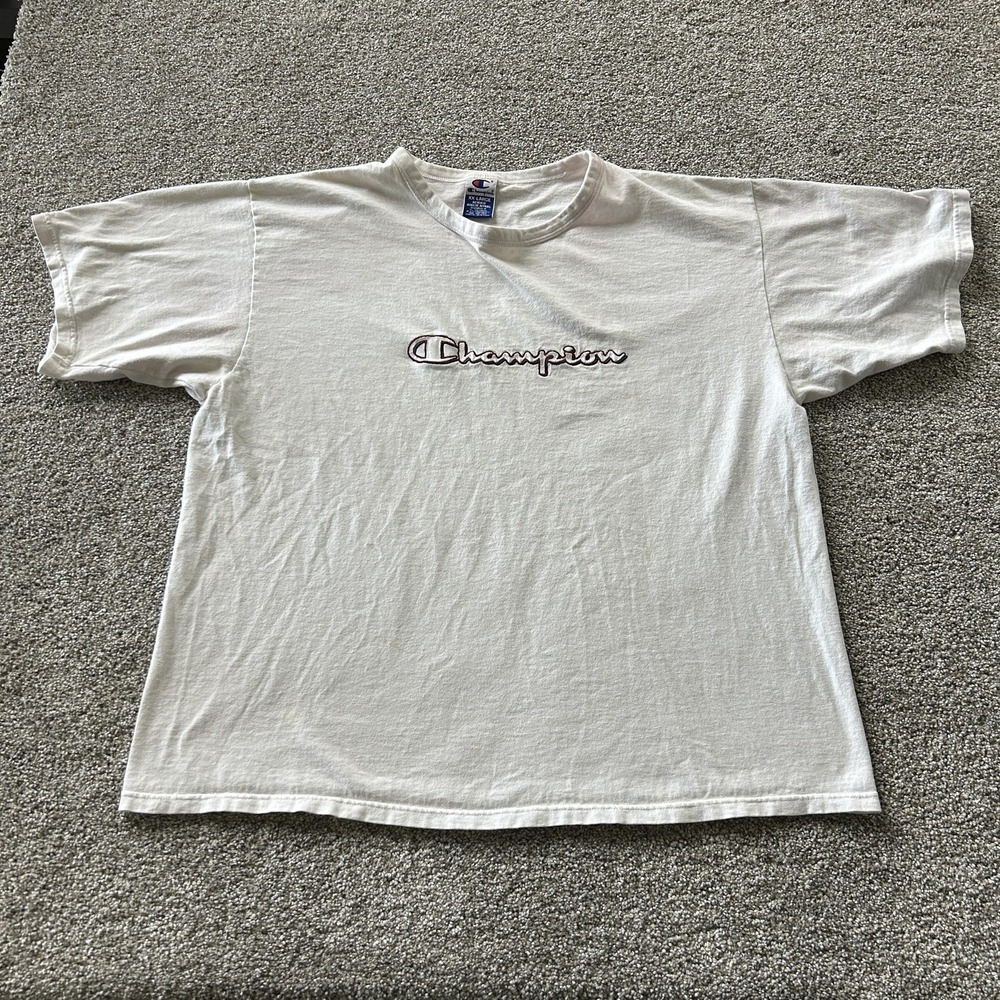 Y2K Champion Shirt Mens 2XL White Embroidered Script Logo Athletic Tee T-Shirt